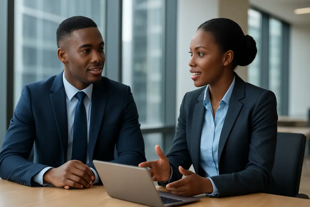 Young Kenyan executive man and woman in professional business attire discussing strategy in a modern office with a laptop, 4K ultra-realistic scene.